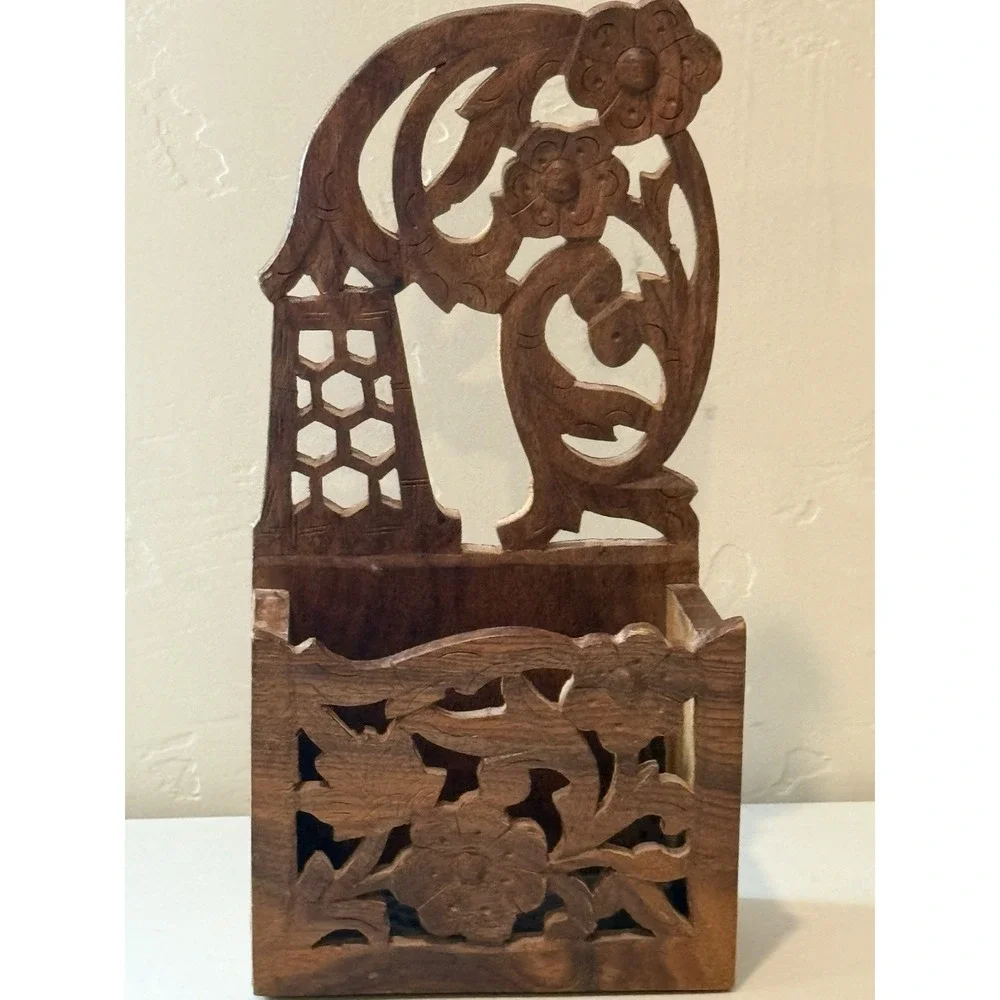 Vintage Carved Wood Wall Pocket Indian Tibetan Floral Key Box Mail‎ Holder